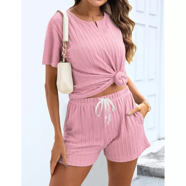 SWOMOG Womens Lounge Sets 2 Piece Ribbed Knit Pajama Set Short Sleeve Top ampamp Shorts Sweatsuit with PocketsPink