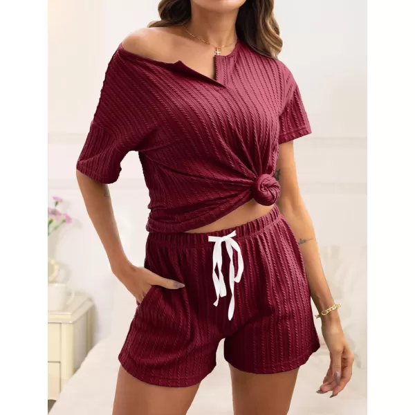 SWOMOG Womens Lounge Sets 2 Piece Ribbed Knit Pajama Set Short Sleeve Top ampamp Shorts Sweatsuit with PocketsWine Red