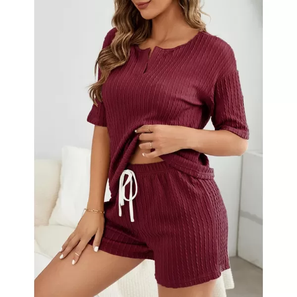 SWOMOG Womens Lounge Sets 2 Piece Ribbed Knit Pajama Set Short Sleeve Top ampamp Shorts Sweatsuit with PocketsWine Red