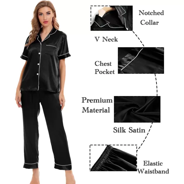 SWOMOG Womens Silk Satin Pajamas Sets 4pcs Sleepwear Sexy Cami Shorts Set and Button Down Short Sleeve Pjs LoungewearBlack