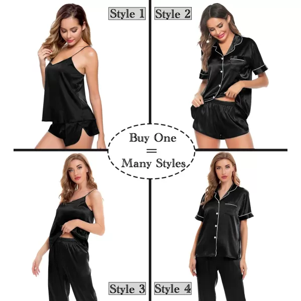 SWOMOG Womens Silk Satin Pajamas Sets 4pcs Sleepwear Sexy Cami Shorts Set and Button Down Short Sleeve Pjs LoungewearBlack