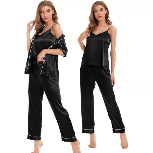 SWOMOG Womens Silk Satin Pajamas Sets 4pcs Sleepwear Sexy Cami Shorts Set and Button Down Short Sleeve Pjs LoungewearBlack