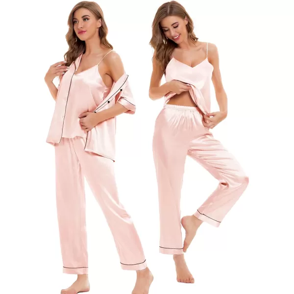 SWOMOG Womens Silk Satin Pajamas Sets 4pcs Sleepwear Sexy Cami Shorts Set and Button Down Short Sleeve Pjs LoungewearBlush Pink