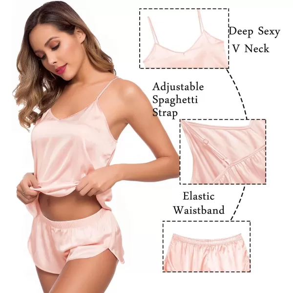 SWOMOG Womens Silk Satin Pajamas Sets 4pcs Sleepwear Sexy Cami Shorts Set and Button Down Short Sleeve Pjs LoungewearBlush Pink