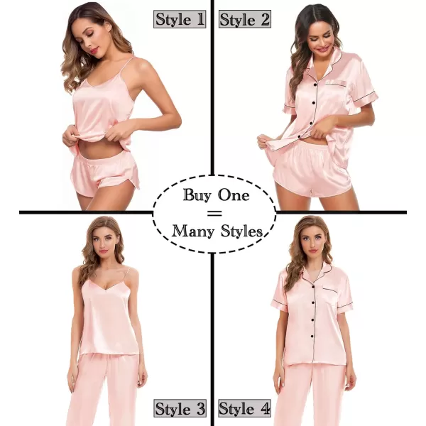 SWOMOG Womens Silk Satin Pajamas Sets 4pcs Sleepwear Sexy Cami Shorts Set and Button Down Short Sleeve Pjs LoungewearBlush Pink