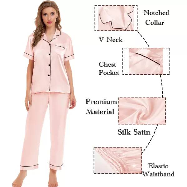 SWOMOG Womens Silk Satin Pajamas Sets 4pcs Sleepwear Sexy Cami Shorts Set and Button Down Short Sleeve Pjs LoungewearBlush Pink