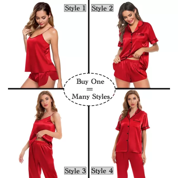 SWOMOG Womens Silk Satin Pajamas Sets 4pcs Sleepwear Sexy Cami Shorts Set and Button Down Short Sleeve Pjs LoungewearCandy Red