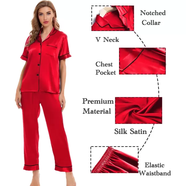 SWOMOG Womens Silk Satin Pajamas Sets 4pcs Sleepwear Sexy Cami Shorts Set and Button Down Short Sleeve Pjs LoungewearCandy Red