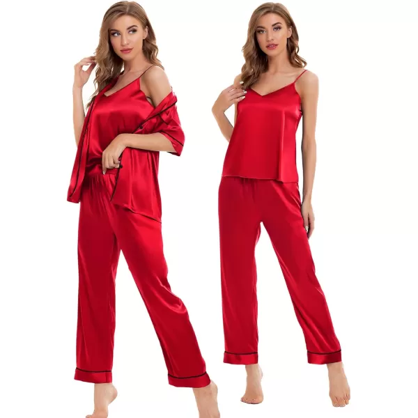 SWOMOG Womens Silk Satin Pajamas Sets 4pcs Sleepwear Sexy Cami Shorts Set and Button Down Short Sleeve Pjs LoungewearCandy Red