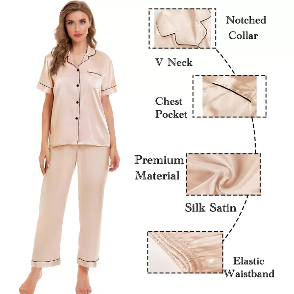 SWOMOG Womens Silk Satin Pajamas Sets 4pcs Sleepwear Sexy Cami Shorts Set and Button Down Short Sleeve Pjs LoungewearChampagne