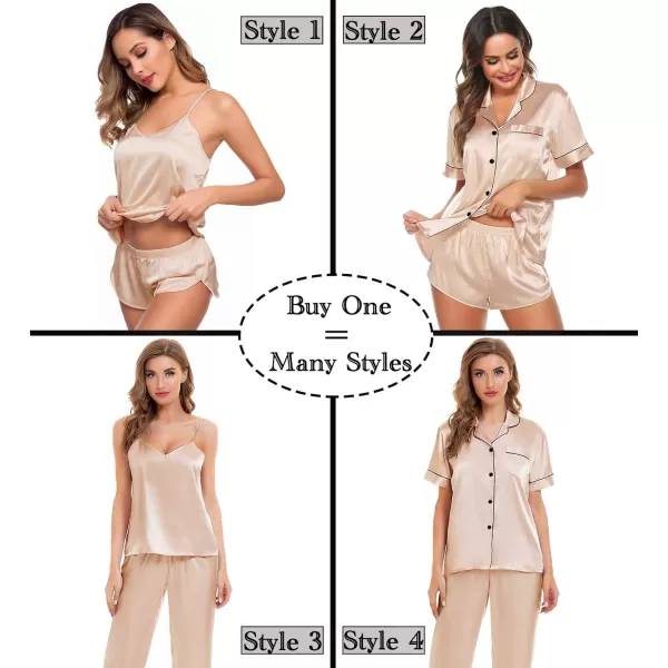 SWOMOG Womens Silk Satin Pajamas Sets 4pcs Sleepwear Sexy Cami Shorts Set and Button Down Short Sleeve Pjs LoungewearChampagne