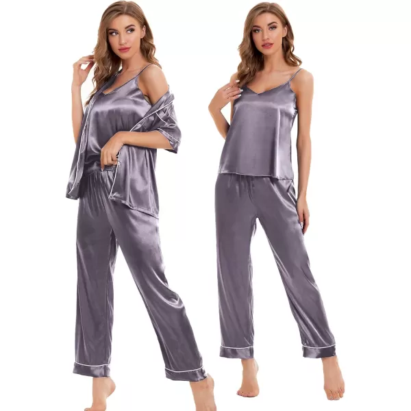 SWOMOG Womens Silk Satin Pajamas Sets 4pcs Sleepwear Sexy Cami Shorts Set and Button Down Short Sleeve Pjs LoungewearChestnut