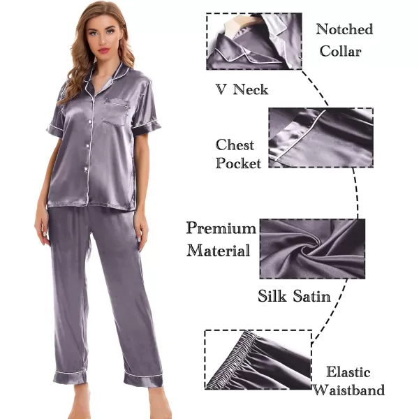 SWOMOG Womens Silk Satin Pajamas Sets 4pcs Sleepwear Sexy Cami Shorts Set and Button Down Short Sleeve Pjs LoungewearChestnut