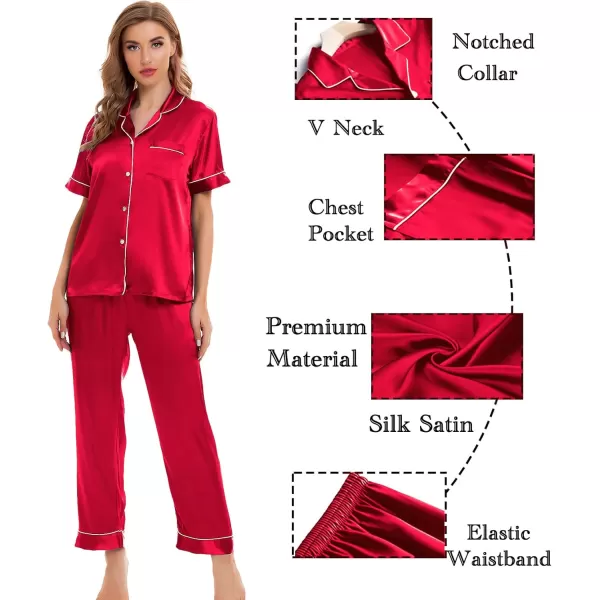 SWOMOG Womens Silk Satin Pajamas Sets 4pcs Sleepwear Sexy Cami Shorts Set and Button Down Short Sleeve Pjs LoungewearChristmas Red