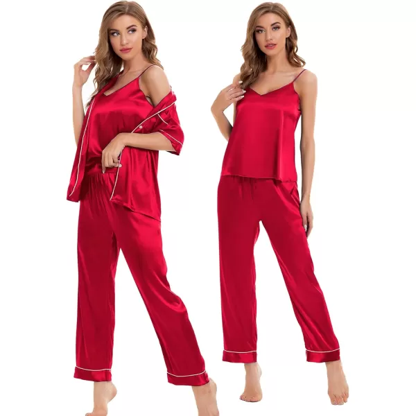 SWOMOG Womens Silk Satin Pajamas Sets 4pcs Sleepwear Sexy Cami Shorts Set and Button Down Short Sleeve Pjs LoungewearChristmas Red