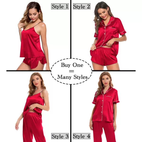 SWOMOG Womens Silk Satin Pajamas Sets 4pcs Sleepwear Sexy Cami Shorts Set and Button Down Short Sleeve Pjs LoungewearChristmas Red