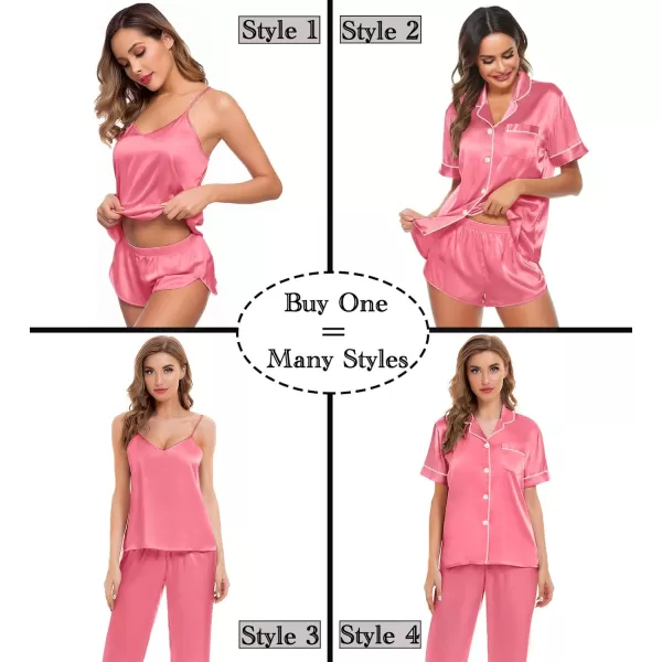 SWOMOG Womens Silk Satin Pajamas Sets 4pcs Sleepwear Sexy Cami Shorts Set and Button Down Short Sleeve Pjs LoungewearCoral Red