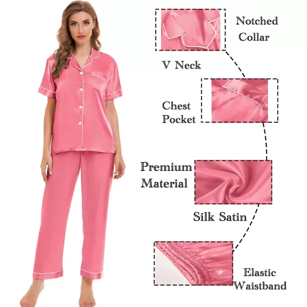 SWOMOG Womens Silk Satin Pajamas Sets 4pcs Sleepwear Sexy Cami Shorts Set and Button Down Short Sleeve Pjs LoungewearCoral Red