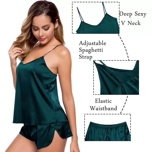 SWOMOG Womens Silk Satin Pajamas Sets 4pcs Sleepwear Sexy Cami Shorts Set and Button Down Short Sleeve Pjs LoungewearDeep Green