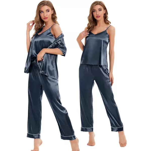 SWOMOG Womens Silk Satin Pajamas Sets 4pcs Sleepwear Sexy Cami Shorts Set and Button Down Short Sleeve Pjs LoungewearDeep Grey