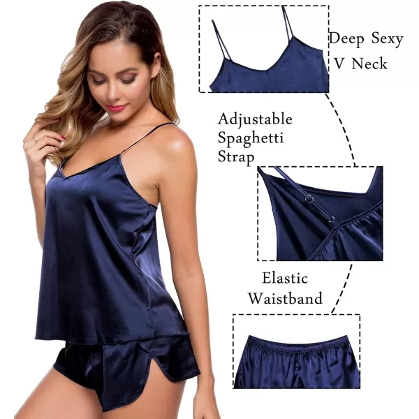 SWOMOG Womens Silk Satin Pajamas Sets 4pcs Sleepwear Sexy Cami Shorts Set and Button Down Short Sleeve Pjs LoungewearDeep Navy Blue