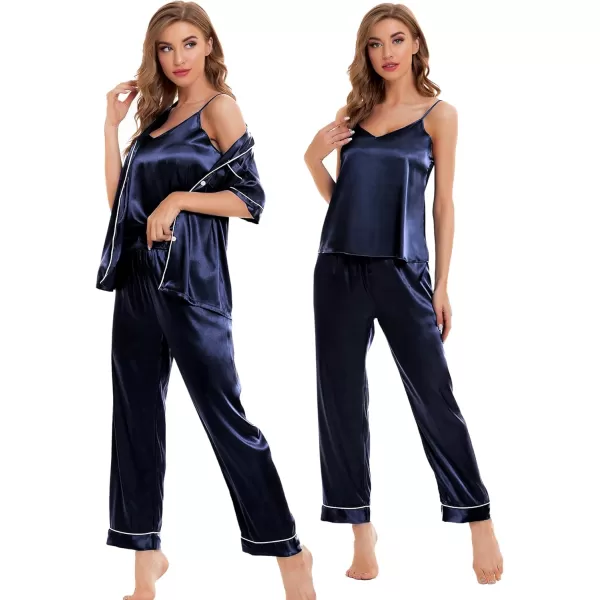 SWOMOG Womens Silk Satin Pajamas Sets 4pcs Sleepwear Sexy Cami Shorts Set and Button Down Short Sleeve Pjs LoungewearDeep Navy Blue