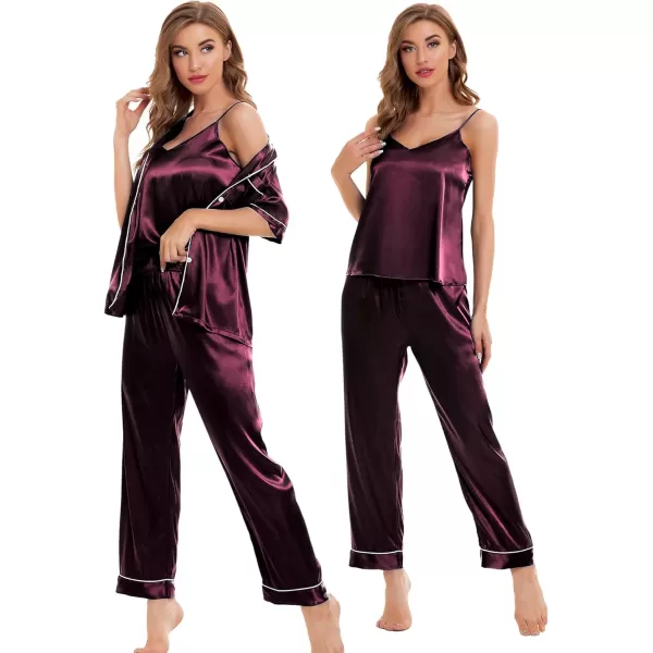 SWOMOG Womens Silk Satin Pajamas Sets 4pcs Sleepwear Sexy Cami Shorts Set and Button Down Short Sleeve Pjs LoungewearDeep Wine Red