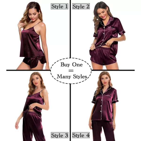 SWOMOG Womens Silk Satin Pajamas Sets 4pcs Sleepwear Sexy Cami Shorts Set and Button Down Short Sleeve Pjs LoungewearDeep Wine Red