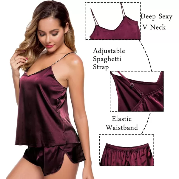 SWOMOG Womens Silk Satin Pajamas Sets 4pcs Sleepwear Sexy Cami Shorts Set and Button Down Short Sleeve Pjs LoungewearDeep Wine Red