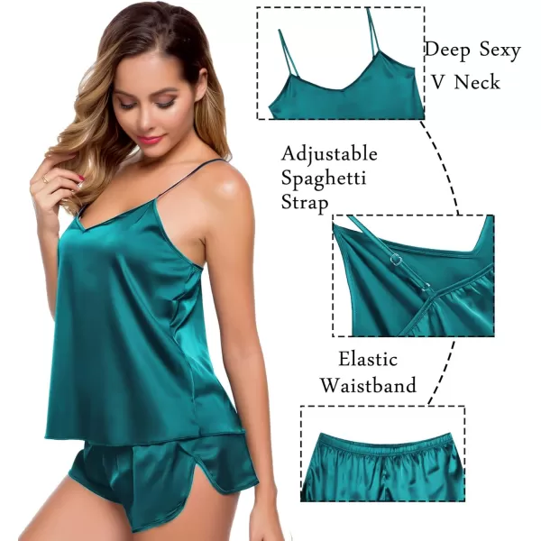 SWOMOG Womens Silk Satin Pajamas Sets 4pcs Sleepwear Sexy Cami Shorts Set and Button Down Short Sleeve Pjs LoungewearGreen