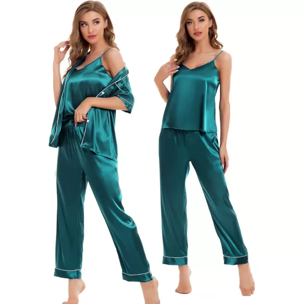 SWOMOG Womens Silk Satin Pajamas Sets 4pcs Sleepwear Sexy Cami Shorts Set and Button Down Short Sleeve Pjs LoungewearGreen