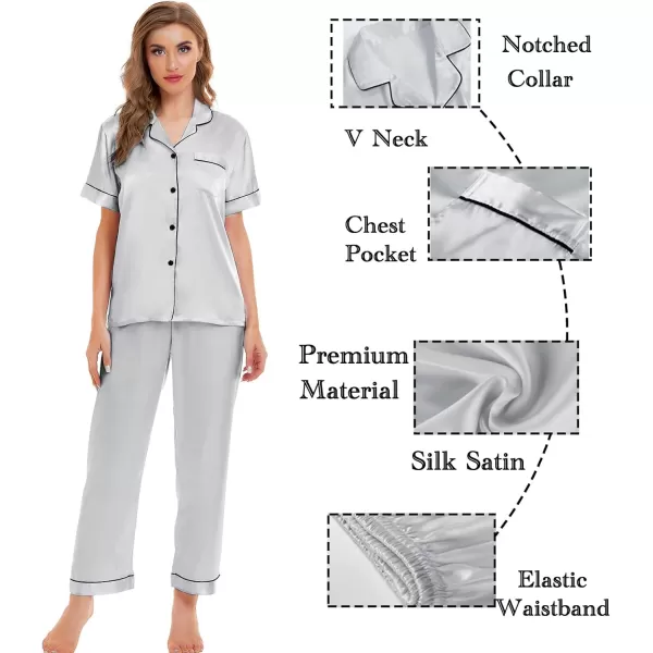 SWOMOG Womens Silk Satin Pajamas Sets 4pcs Sleepwear Sexy Cami Shorts Set and Button Down Short Sleeve Pjs LoungewearGrey