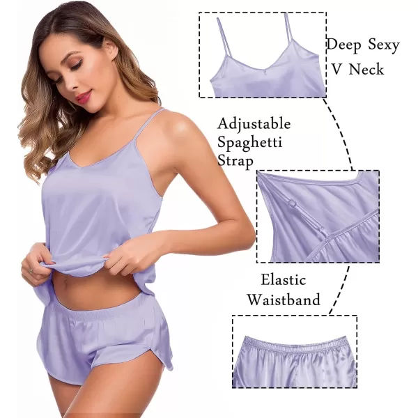 SWOMOG Womens Silk Satin Pajamas Sets 4pcs Sleepwear Sexy Cami Shorts Set and Button Down Short Sleeve Pjs LoungewearLavender