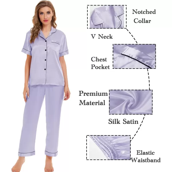 SWOMOG Womens Silk Satin Pajamas Sets 4pcs Sleepwear Sexy Cami Shorts Set and Button Down Short Sleeve Pjs LoungewearLavender