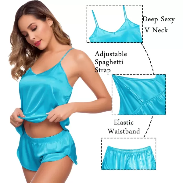 SWOMOG Womens Silk Satin Pajamas Sets 4pcs Sleepwear Sexy Cami Shorts Set and Button Down Short Sleeve Pjs LoungewearLight Blue