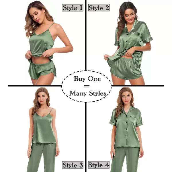 SWOMOG Womens Silk Satin Pajamas Sets 4pcs Sleepwear Sexy Cami Shorts Set and Button Down Short Sleeve Pjs LoungewearMatcha