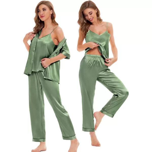 SWOMOG Womens Silk Satin Pajamas Sets 4pcs Sleepwear Sexy Cami Shorts Set and Button Down Short Sleeve Pjs LoungewearMatcha