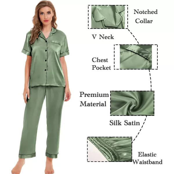 SWOMOG Womens Silk Satin Pajamas Sets 4pcs Sleepwear Sexy Cami Shorts Set and Button Down Short Sleeve Pjs LoungewearMatcha