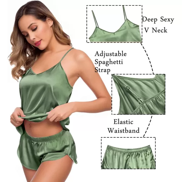 SWOMOG Womens Silk Satin Pajamas Sets 4pcs Sleepwear Sexy Cami Shorts Set and Button Down Short Sleeve Pjs LoungewearMatcha