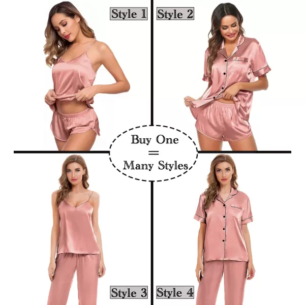 SWOMOG Womens Silk Satin Pajamas Sets 4pcs Sleepwear Sexy Cami Shorts Set and Button Down Short Sleeve Pjs LoungewearMisty Rose