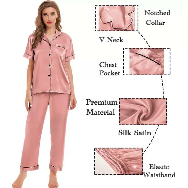 SWOMOG Womens Silk Satin Pajamas Sets 4pcs Sleepwear Sexy Cami Shorts Set and Button Down Short Sleeve Pjs LoungewearMisty Rose