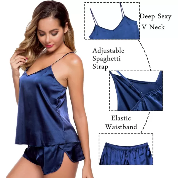 SWOMOG Womens Silk Satin Pajamas Sets 4pcs Sleepwear Sexy Cami Shorts Set and Button Down Short Sleeve Pjs LoungewearNavy Blue