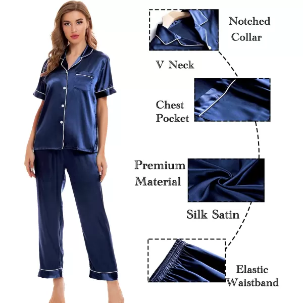 SWOMOG Womens Silk Satin Pajamas Sets 4pcs Sleepwear Sexy Cami Shorts Set and Button Down Short Sleeve Pjs LoungewearNavy Blue