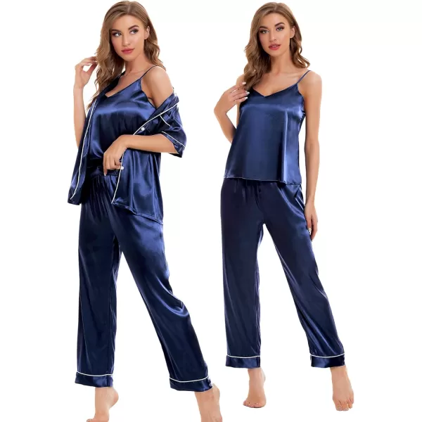 SWOMOG Womens Silk Satin Pajamas Sets 4pcs Sleepwear Sexy Cami Shorts Set and Button Down Short Sleeve Pjs LoungewearNavy Blue