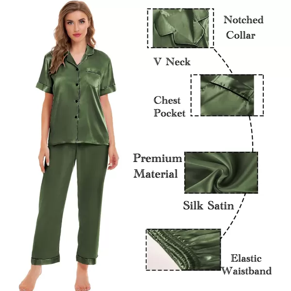 SWOMOG Womens Silk Satin Pajamas Sets 4pcs Sleepwear Sexy Cami Shorts Set and Button Down Short Sleeve Pjs LoungewearOlive Green