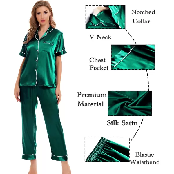 SWOMOG Womens Silk Satin Pajamas Sets 4pcs Sleepwear Sexy Cami Shorts Set and Button Down Short Sleeve Pjs LoungewearPersian Green