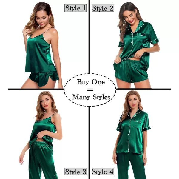 SWOMOG Womens Silk Satin Pajamas Sets 4pcs Sleepwear Sexy Cami Shorts Set and Button Down Short Sleeve Pjs LoungewearPersian Green