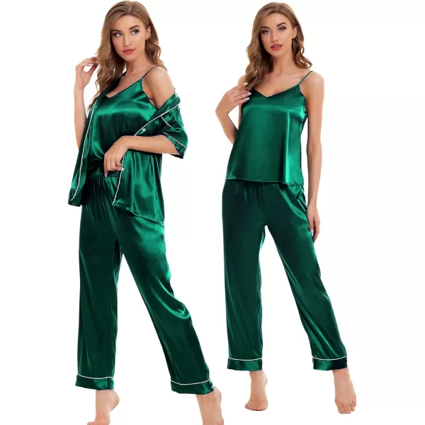 SWOMOG Womens Silk Satin Pajamas Sets 4pcs Sleepwear Sexy Cami Shorts Set and Button Down Short Sleeve Pjs LoungewearPersian Green