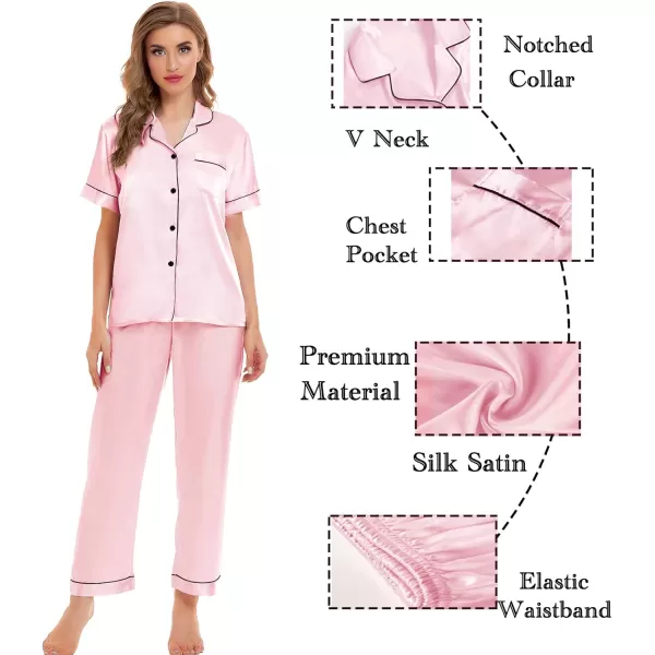 SWOMOG Womens Silk Satin Pajamas Sets 4pcs Sleepwear Sexy Cami Shorts Set and Button Down Short Sleeve Pjs LoungewearPink