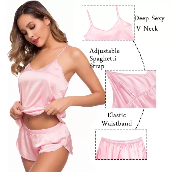 SWOMOG Womens Silk Satin Pajamas Sets 4pcs Sleepwear Sexy Cami Shorts Set and Button Down Short Sleeve Pjs LoungewearPink